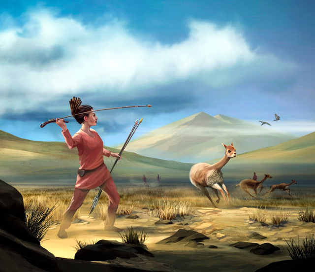 ペルーで狩猟具とともに人骨が発見された9千年前の女性ハンターの想像図=ランディー・ハース博士提供