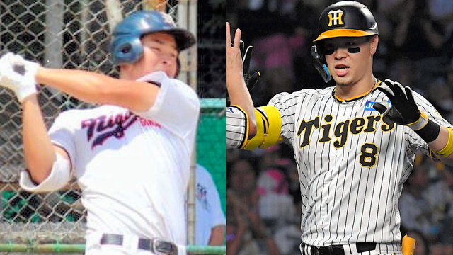 高校3年時の佐藤輝は進路がなかなか決まらなかった。ある雨の日の一振りが、今のプロ野球人生につながった=左は仁川学院高野球部提供