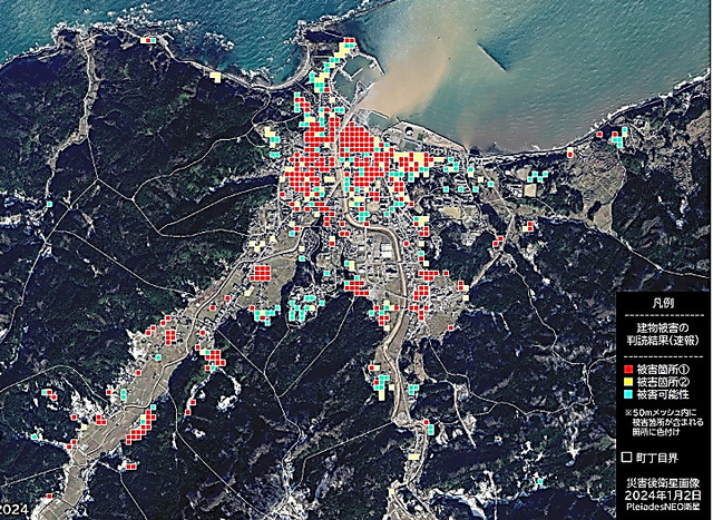 石川県輪島市を撮影した衛星画像から判読した建物の被害状況＝（Ｃ）Ａｉｒｂｕｓ　ＤＳ　２０２４、パスコ提供