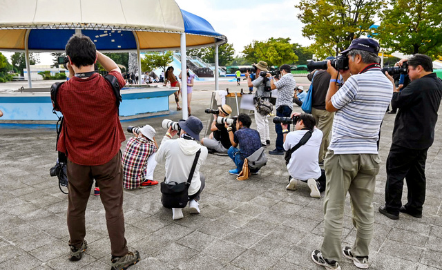 モデルを撮影する水着撮影会の参加者たち=2023年9月、埼玉県川越市の川越水上公園