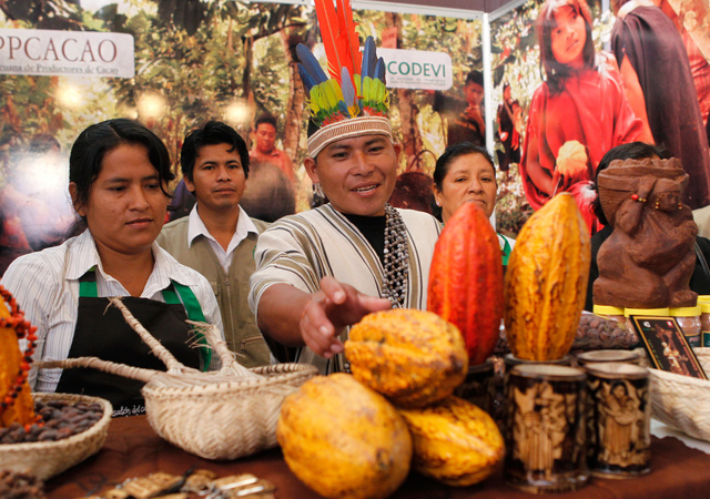 ペルーの首都リマで2012年、チョコレートに関する大会で収穫物を展示する生産者=ロイター