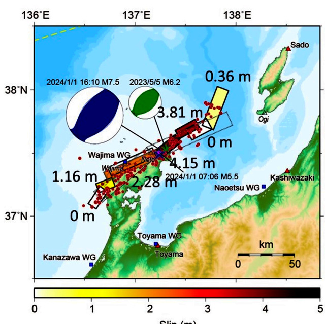 能登半島地震を起こした活断層。東京大の佐竹健治教授らは東端の活断層はあまり動いていないと解析=東京大地震研究所提供