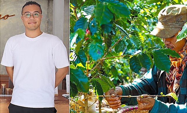 （左）ルララオコーヒーの元川将仁さん（筆者撮影）（右）ラオスのコーヒー農園（元川さん提供）