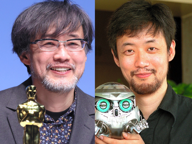 米アカデミー賞を受賞し会見する山崎貴監督（左、3月12日）と「ジュブナイル」で監督デビューした時の山崎監督（2000年6月）