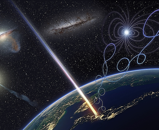 超高エネルギー宇宙線が宇宙のかなたから地球にまっすぐ飛び込んでくるイメージ　（Ｃ）大阪公立大学／京都大学／Ｒｙｕｕｎｏｓｕｋｅ　Ｔａｋｅｓｈｉｇｅ