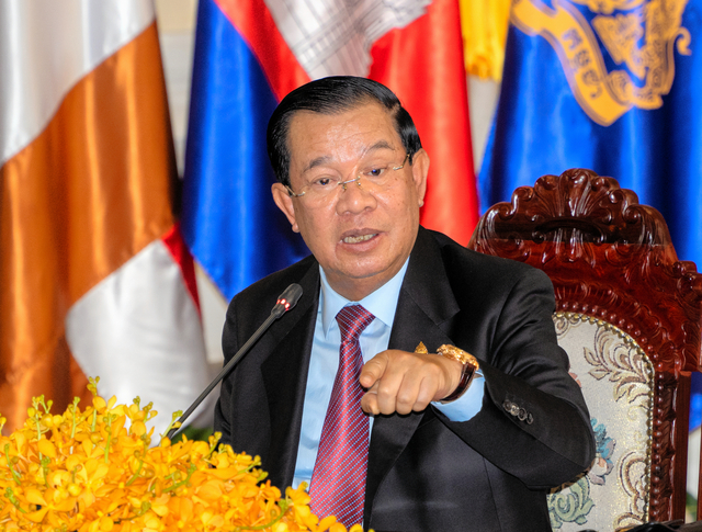 首相退任にあたり、演説したフン・セン氏＝２０２３年８月２２日、カンボジア・プノンペン、大部俊哉撮影
