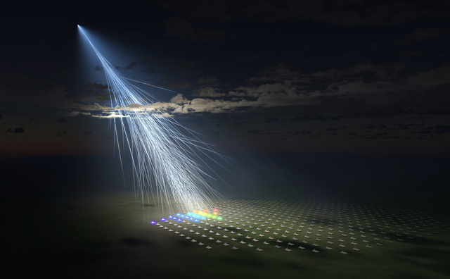 極めて高いエネルギーの宇宙線「アマテラス粒子」を、2021年に米ユタ州にある検出器が捉えた時の想像図。宇宙線が大気とぶつかり生じた大量の粒子のシャワーを検出した（C）大阪公立大学/京都大学L-INSIGHT/Ryuunosuke　Takeshige