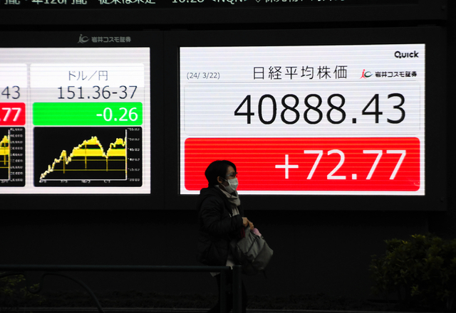 史上最高値の株価は「強い経済」の証しなのか=2024年3月22日、東京都中央区、東谷晃平撮影