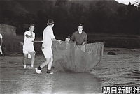 徳之島の宿舎近くの小川の河口で、魚類研究用に網でハゼを採集する皇太子さま