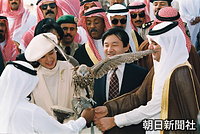 受け継がれてゆくおつきあい　１９９４年１１月、サウジアラビアのカフジ近郊の砂漠で、狩猟用に訓練されたタカを手にのせる皇太子さまと雅子さま。天皇陛下も同国訪問の際は自慢のタカを見せてもらい、アラブ流の歓