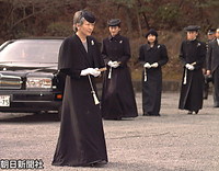 昭和天皇十年式年祭の「山陵の儀」を行うため、武蔵野陵に向かう皇后さま。右は紀子さまと紀宮さま、信子さま