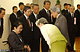 東京・日本橋三越で開かれた第５０回日本伝統工芸展（朝日新聞社など主催）の会場で、天皇、皇后両陛下を出迎える日本工芸会総裁の桂宮さま