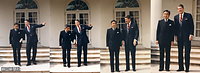 ホワイトハウスにレーガン大統領を表敬訪問、庭に面したテラスに並ぶ際、つまづく大統領と気遣う皇太子さま