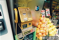 結婚の儀のパレードが通る東京・麴町の新宿通りに登場した金ピカの公衆電話。ＮＴＴが慶祝のため設置した