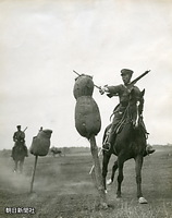 騎兵の武器携帯教練で、仮標を斬撃する