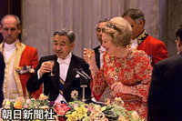 晩餐会で、天皇陛下のお言葉の後に笑顔で杯を挙げるベアトリックス女王