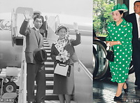 １９６０年８月の高松宮さまと喜久子さま（左）。東京・羽田空港から日本人移住７５周年祝賀式に出席するため、日航機でハワイへ向け出発された。右は１９９４年４月、皇室とその親族、旧皇族でつくる「菊栄親睦会」
