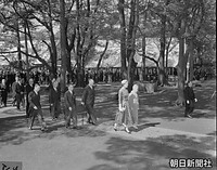 結婚の儀に参列するため、皇居の賢所（かしこどころ）へ向かうバイニング夫人、松平信子さん、後ろで杖をついているのが小泉信三東宮御教育参与